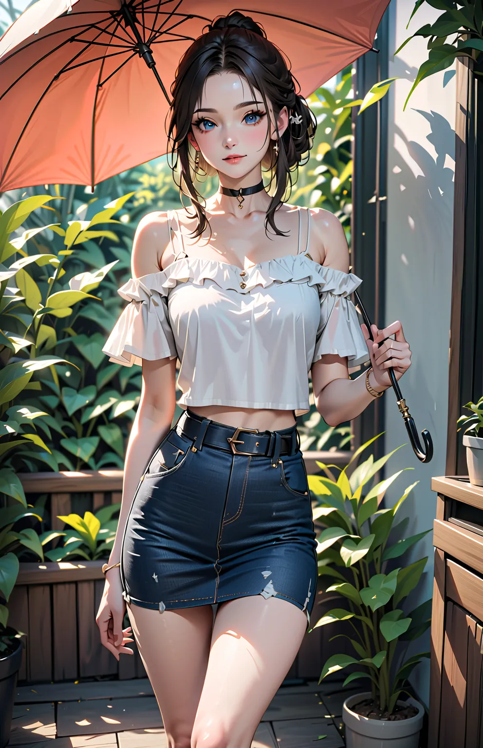 pretty damsel, smiling, standing posed, holding rubber ball, under umbrella, bamboo trees and sea on background, blending between noon and evening sky, BREAK, (forehead, dark-brown long hair, half updo, black choker ), BREAK, {(white short sleeves collared...