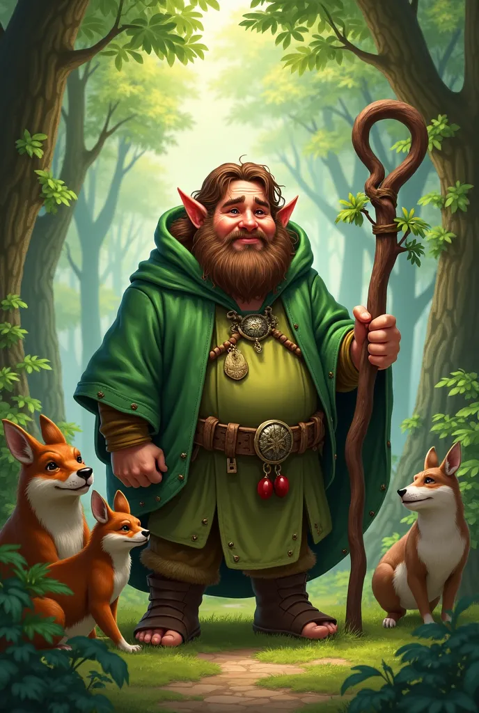 Halfling druido(hobbit ), di 40 anni ,con un mantello verde dentro la foresta, wavy brown hair and without beard, with some animals around and a Druid's stick in his hand and a bit of a fat guy, no beard