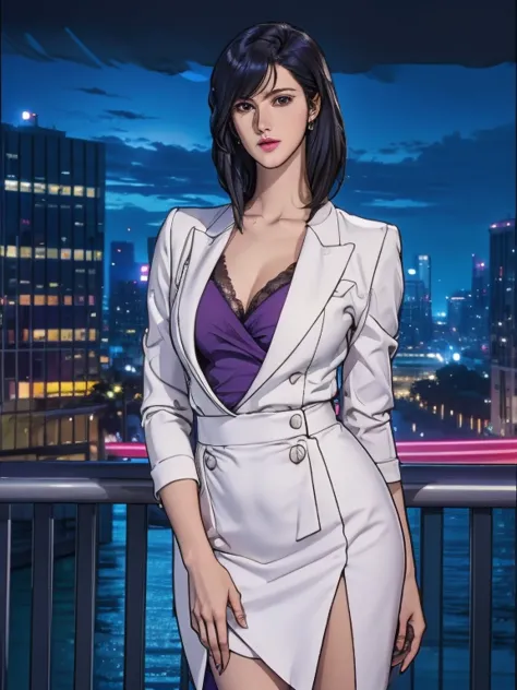 saeko city hunter, (masterpiece:1.3), ((Beautiful Face, A soft-looking face:1.15)), Purple collared shirt slightly open, Wearing white jacket, Dark purple pencil skirt with slit, Purple garter belt, Shiny straight shoulder-length Dark purple hair, Sweeping...