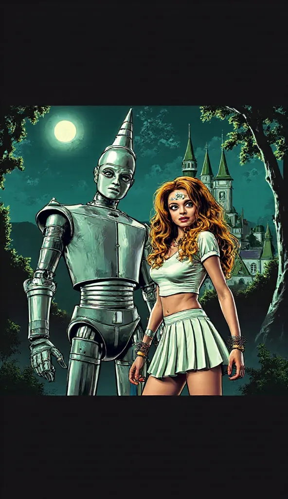 Illustration by JabComix studio. The Tin Woodman and Girl Ellie in a short pleated skirt, in a tight T-shirt is , from Oz stands against the backdrop of the emerald castle. Night, full moon. Vector flat pin-up illustration in the horrir style