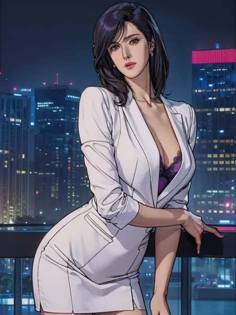 saeko city hunter, (masterpiece:1.3), ((Beautiful Face, A soft-looking face:1.15)), Purple collared shirt slightly open, Wearing white jacket, Dark purple pencil skirt with slit, Purple garter belt, Shiny straight shoulder-length Dark purple hair, Sweeping...