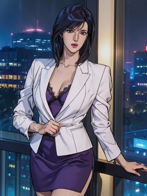 saeko city hunter, (masterpiece:1.3), ((Beautiful Face, A soft-looking face:1.15)), Purple collared shirt slightly open, Wearing white jacket, Dark purple pencil skirt with slit, Purple garter belt, Shiny straight shoulder-length Dark purple hair, Sweeping...