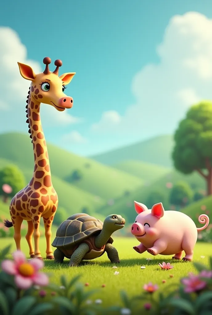 Giraffe and tortoise and pig playing 