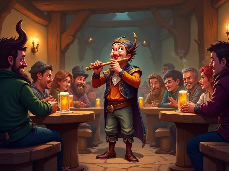 Create a bard playing the flute in a tavern filled with booze,  in cartoon style  