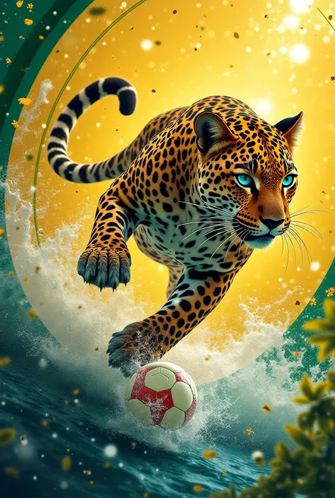 Leopard playing soccer and a river inside a yellow and green soccer shield  