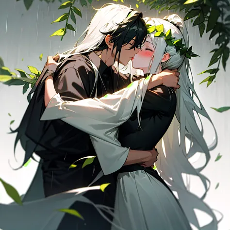  A couple in love , 1 guy:  long white hair in a ponytail, black shirt, hugs a girl, girl: with black flowing hair and a white dress with a leaf wreath on the head,  kiss, background gloomy,  rain, (4K). 