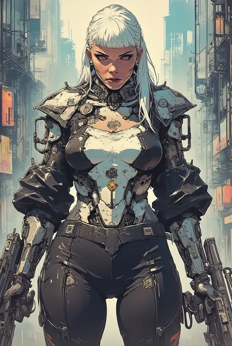                  a sexy cyborg woman                 . cyberpunk. Cybernetic components. Cyberpunk clothing  . Queue de cheval et frange. huge drooping chest. A very wide neckline. ville dystopique. She is armed with a sniper rifle. She is wearing sexy cyb...