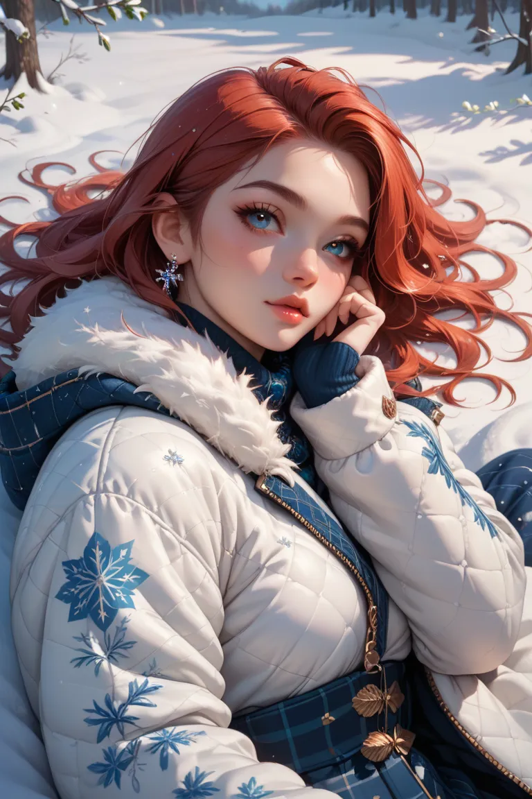 The image is an illustration of a young woman with long snowy hair. She is lying on the snow, her body slightly turned to the side. The woman is wearing a white fur coat, a blue and white set of underwear with intricate patterns and designs. She has red ey...