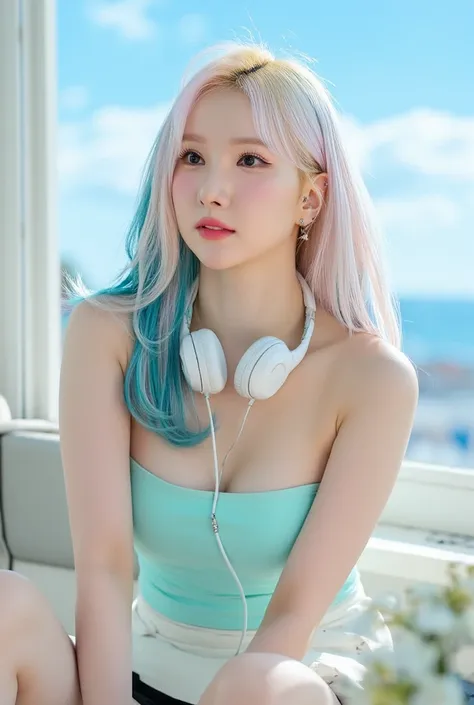 A stunning young woman with a dreamy, ethereal appearance, sitting near a sunlit window. She has long, wavy hair that transitions from platinum blonde at the top to a rich ocean blue at the ends, giving her a unique and eye-catching aesthetic. Her skin is ...