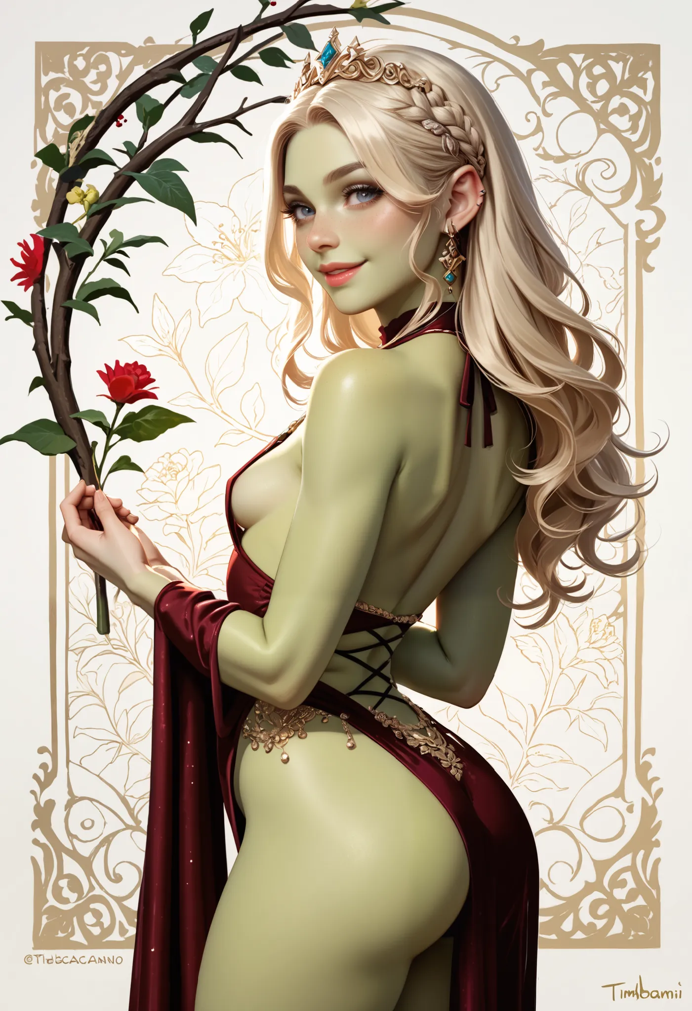 (masterpiece, best quality, amazing quality), (hand drawing:1.2), Cinematic wide shot of a blonde goblin woman in her thirties with a curvaceous figure and green skin. She has a soft, slightly chubby. Large, expressive eyes, refined but naturally rounded f...