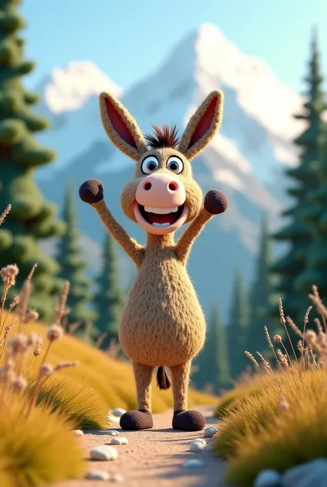 Cute donkey, cartoon 3D, arms raised, cheerful eyes, looking at viewer, standing, made of woolen yarn texture, mountain trail background, pine needles falling, 4k, detailed texture.