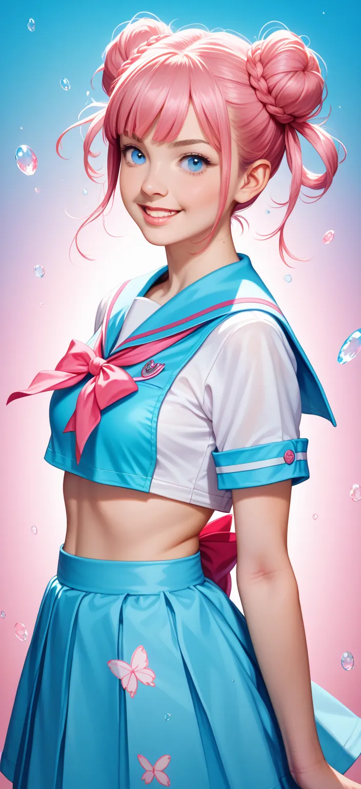 Her hair is pink, her hair length is bob, and her hairstyle is twin buns、A human girl with light blue eyes wearing sailor uniform-style clothes