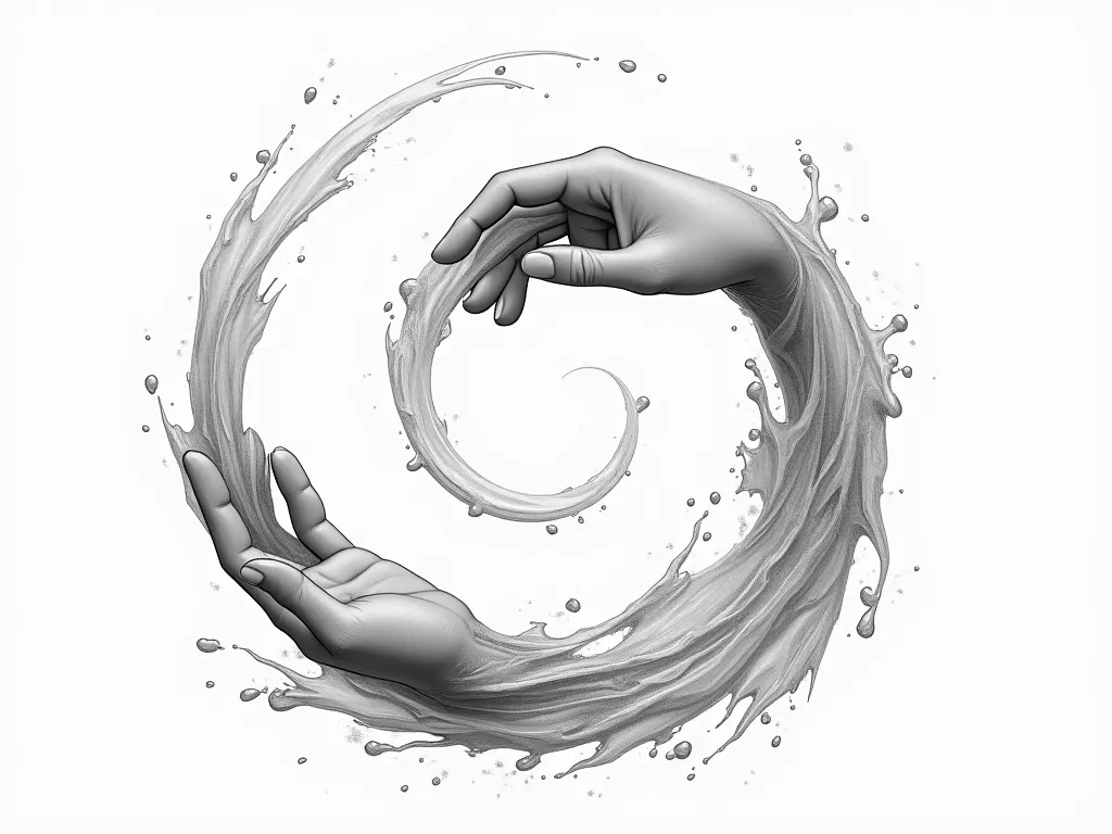 a hand turned from left to right and another hand from right to left come together to form a spiral, They both look like water, In Chinese ink drawing style