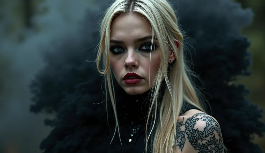 Close up close by Gothic, 1 girl, A lot of black black energy surrounding her, Playing full rock drums, tattoo on arms, Alone, long hair, blond hair, long sleeve clothing,  dressed , white hair, enamel,  dressed  preto, lips, makeup, watermark, lipstick,  ...