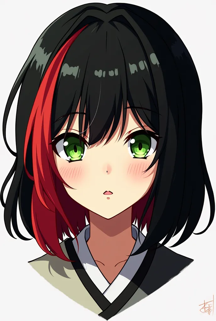 An anime-style girl with all her black hair but with a lock of red hair looking sideways that she's in 2d like a logo and green eyes
