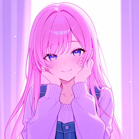  human women、Her hair is pale pink 、sexy expression、has blushing cheeks、 provocative、Half an eye、Yandere style、Hands on cheeks、Background is light purple