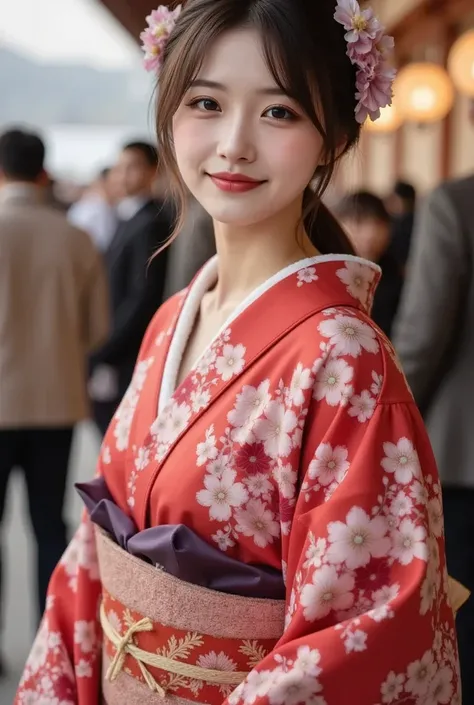  depicts a beautiful Japanese woman wearing a kimono、 glowing skin, big breasts:0.5,  on the forehead, View the view, beautiful hair, beautiful faces, beautiful detailed eyes, (middle hair:1.5, Japanese Hair:1.5), black hair,  blue eyes, ((( red floral kim...