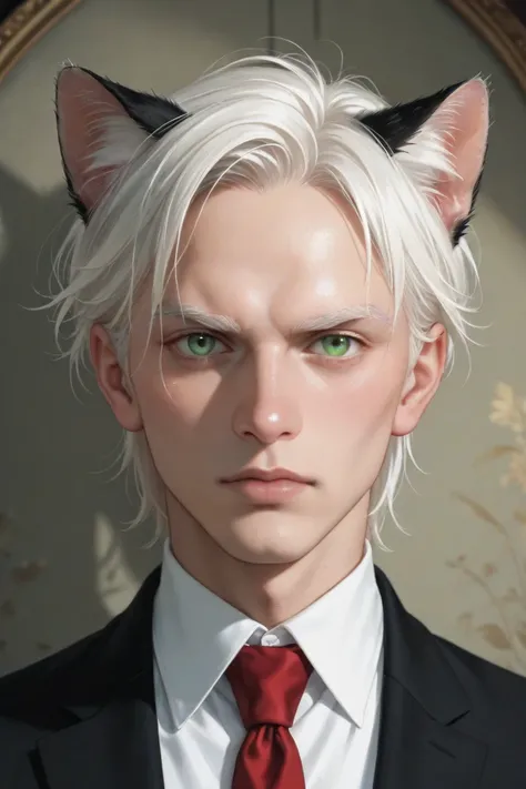 anime style, 30-year-old albino male, high, with cat ears on the top of the head, green eyes, serious expression, straight and long white hair wearing a black suit with a red tie, Like a gentleman