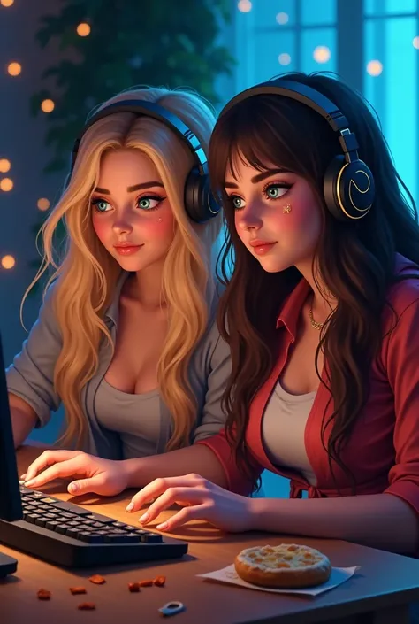 two fat huge girls playing fortnite on computer with headphones on their heads and burgers in their mouths. one girl is blonde with blue eyes, another one is brunette with green eyes