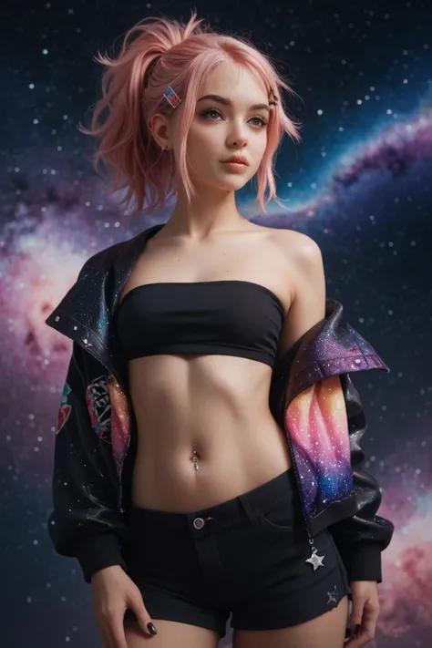 A girl wearing a galaxy mesh jacket with star patterns, a black tube top, and black shorts. She has neon pink hair styled in a messy ponytail with star-shaped hair clips. She also has a belly piercing and a nose ring and a galaxy background
Accurate, 