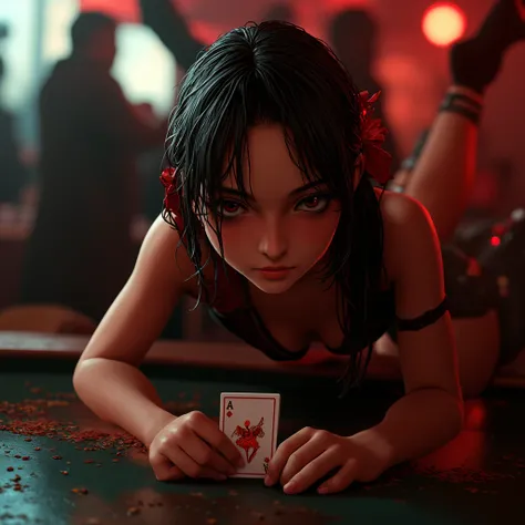 young female girl upside down ,Red and black outfit,red shirt and black slacks style,holding a Joker card lying on a casino table,fearless smile,lying down on a casino table,4K,8k,High Resolution,masterpiece,Extremely Detailed Description, real ,real ,HDR,...