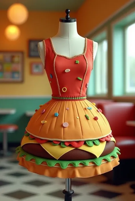 a drawing of a vintage cartoon hamburger dress with patterns 