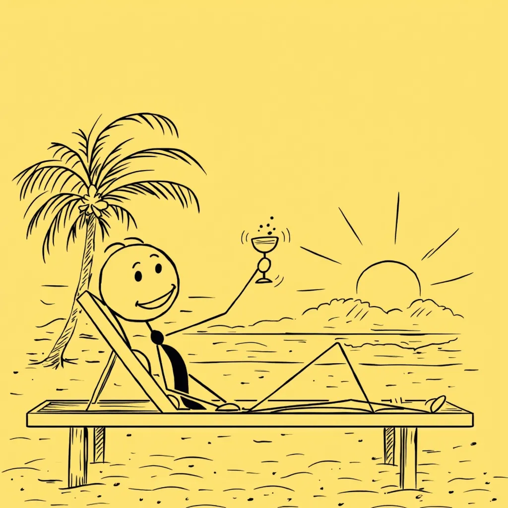 a stick figure sitting in beach , palm tree behind and sun 