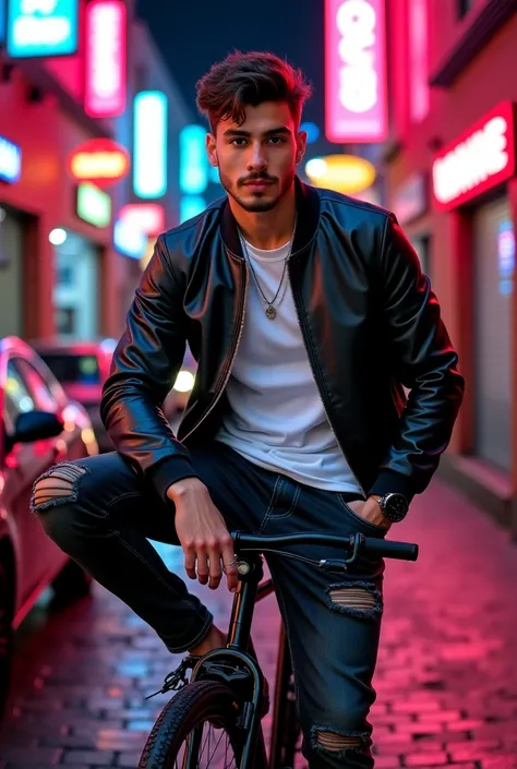 A stylish and charismatic man, with a lean, athletic physique, posing in a relaxed way,  with a light confident smile . Your face has well-defined features, with a sharp jaw , straight nose and thick eyebrows that highlight his expressive and energetic loo...