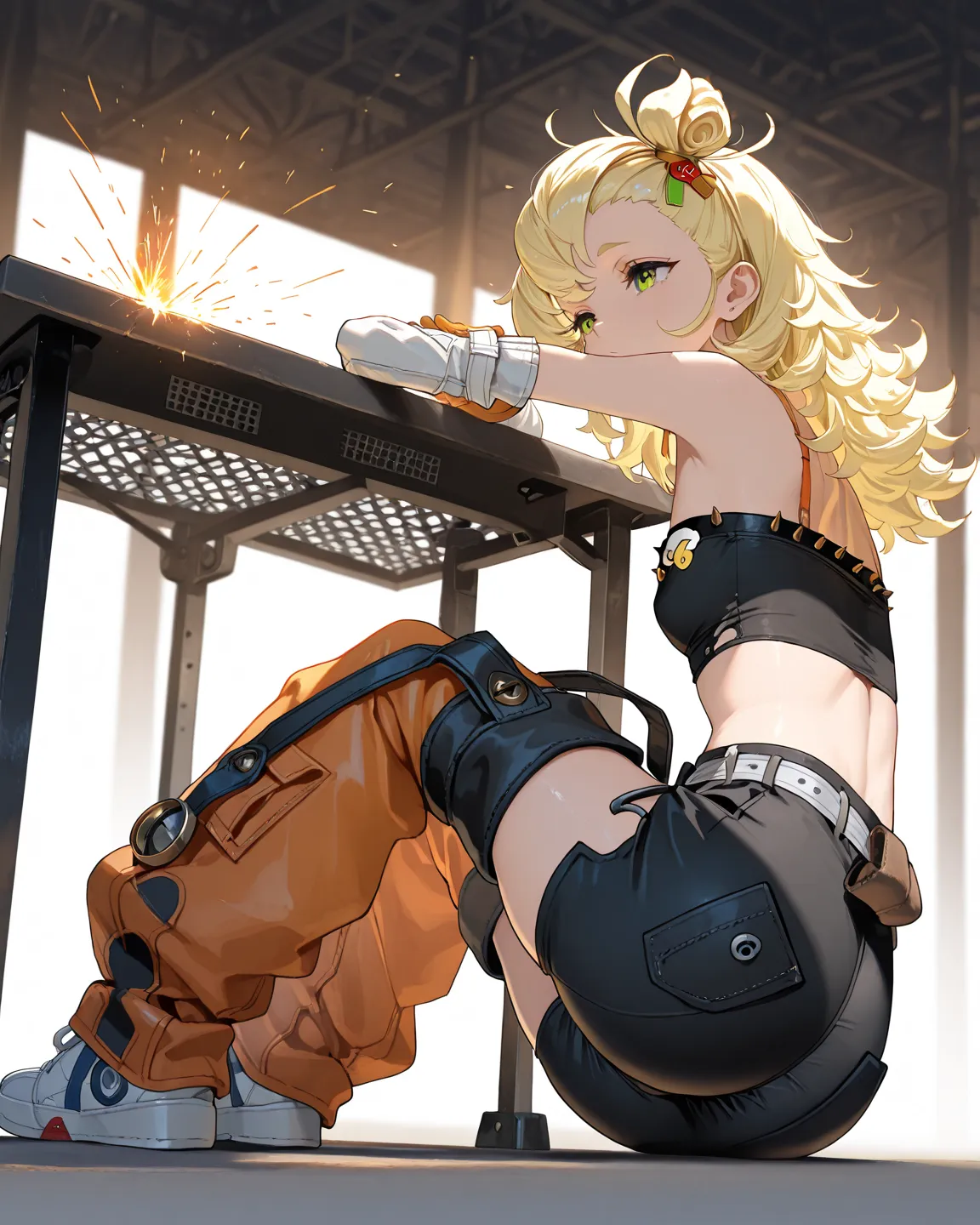 (masterpiece), high res, 1girl, solo, long blond hair, messy hair, green eyes, topknot, hair ornament, white detached sleeves, orange gloves, black tube top, goggles on eyes, (black shorts with pockets), orange chaps with straps, detached leggings, strap, ...