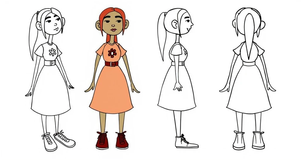  ( girl): curious, intelligent and a little skeptical. She loves to solve mysteries and always has a logical mind. ( cartoon network style) full color illustration with black line ( full body image) model sheet character