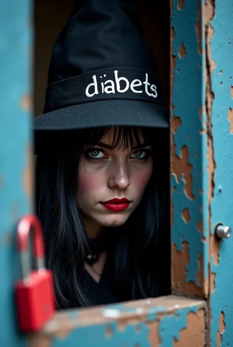 A sneaky witch with black hair peeping from a broken blue window with diabetes written in her black cap. The lock on window is red. Only the witches face you can see through the windo