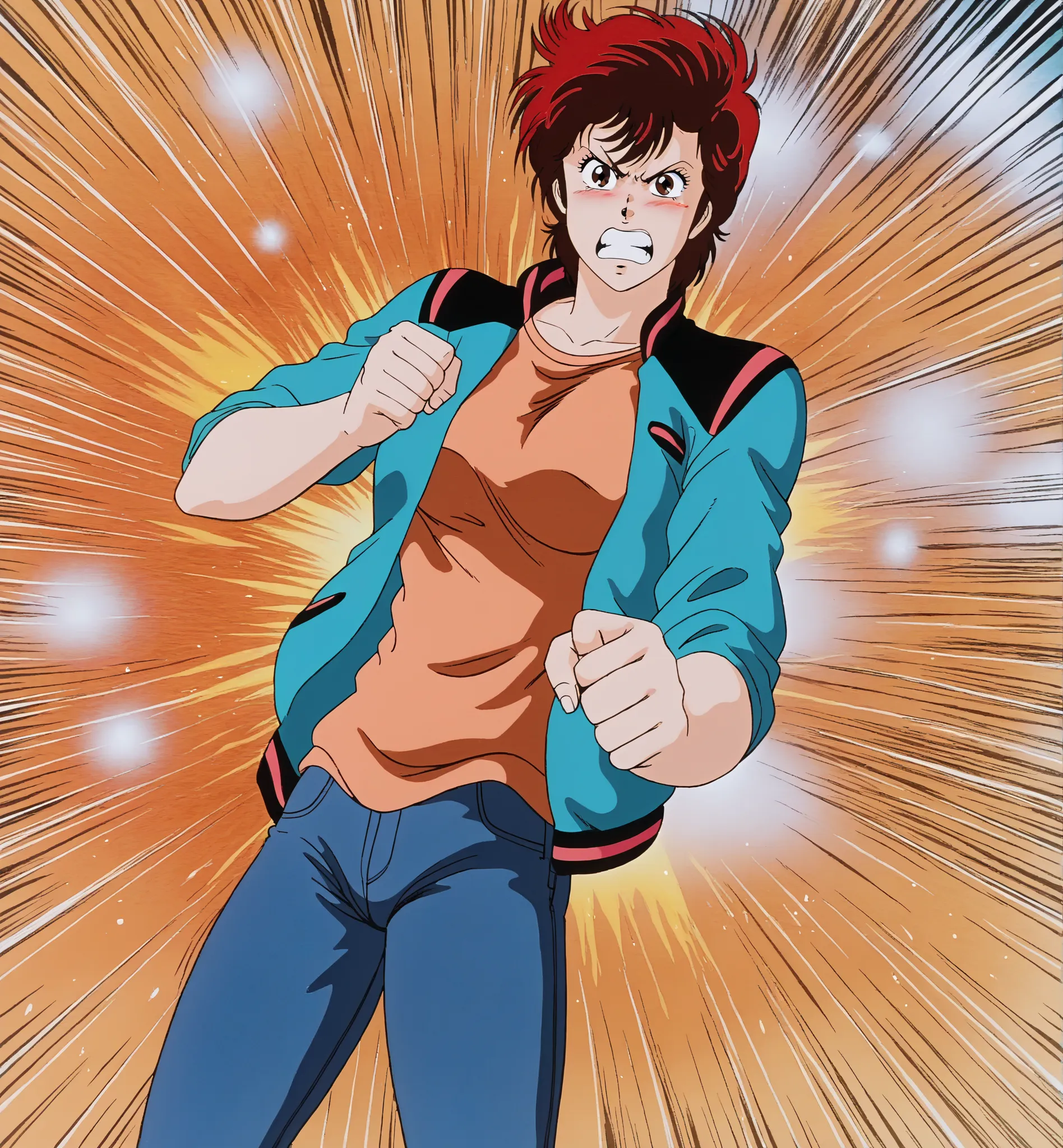 KM, 1girl, solo, retro artstyle, red hair, brown eyes, aqua high school jacket, orange shirt, jeans, looking at viewer, angry, yelling, flame background, single fist punching viewer, (emphasis lines), blush 