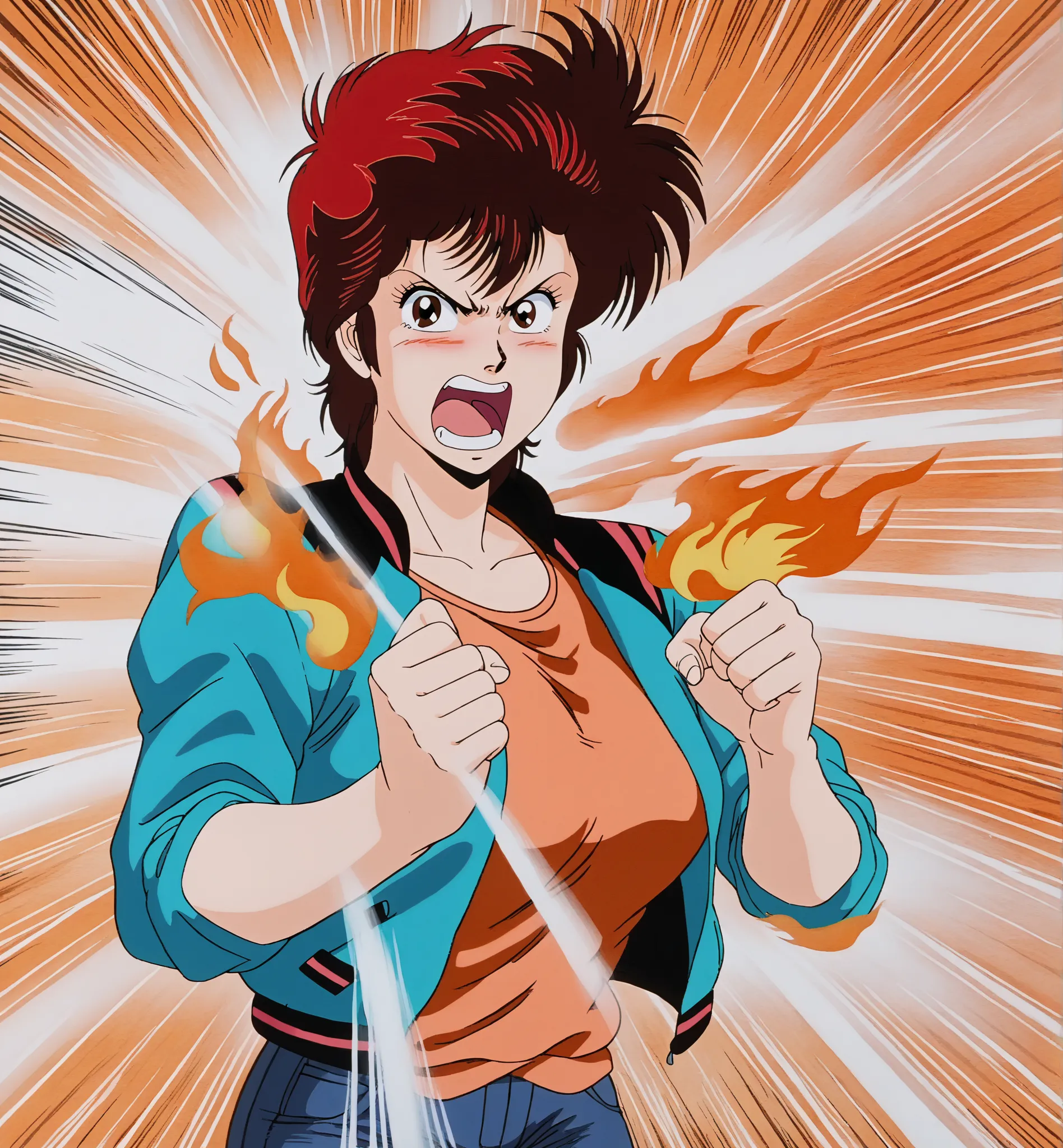 KM, 1girl, solo, retro artstyle, red hair, brown eyes, aqua high school jacket, orange shirt, jeans, looking at viewer, angry, yelling, flame background, single fist punching viewer, (emphasis lines), blush 