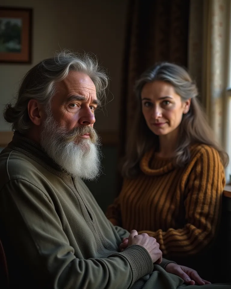 A picture of the dialogue between the couple:

The man with a white beard appears sitting somewhere inside the house while the wife with the same features as the previous one is standing next to him. Her expression shows that she is tired and asks for his ...