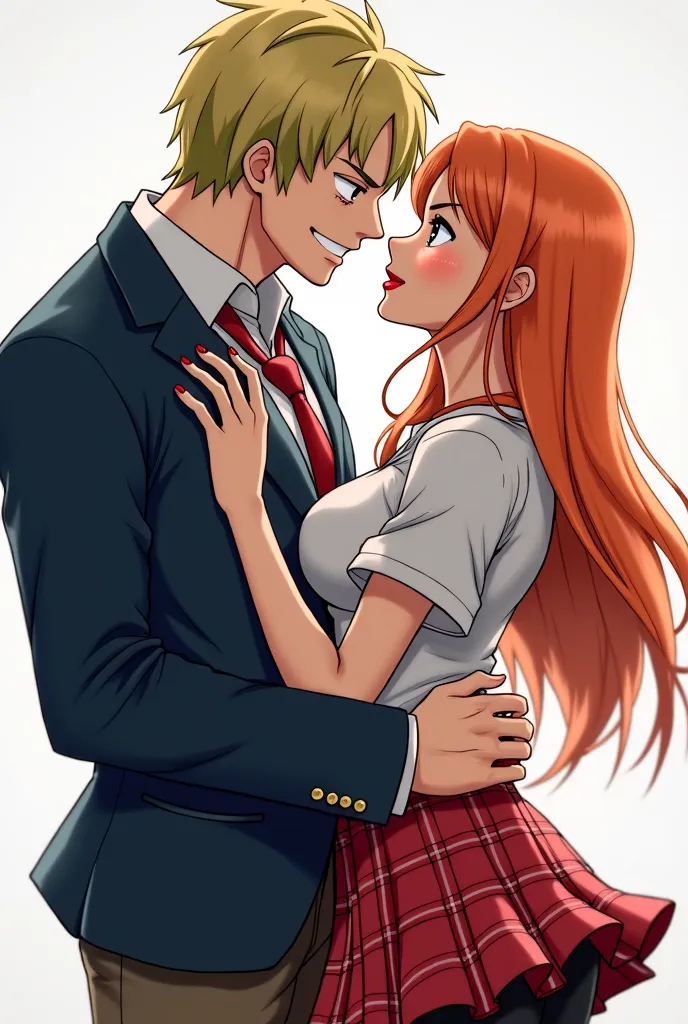 Nami from One Piece dressed as a student, wearing a plaid skirt and pantyhose, touching her huge breasts making out with a man passionately with huge tits and ass