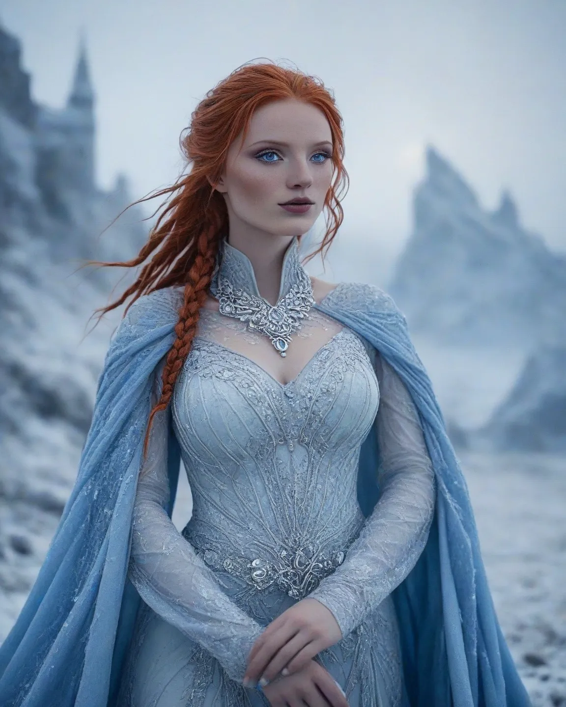 A full-body front shot of Claire, an ethereal and powerful Ice Sorceress, advancing through a frozen landscape, her piercing blue eyes glowing with an otherworldly frost. Her fiery red hair, intricately braided with delicate silver chains and ice crystals,...