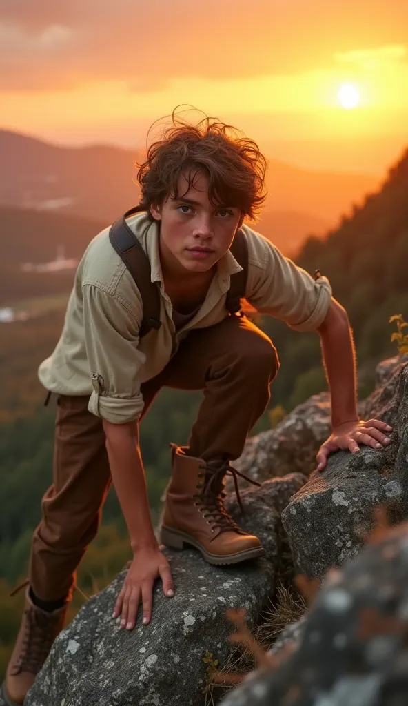 elias, a young adventurer with brown hair and curious eyes, wearing a beige linen shirt, brown pants and worn leather boots, climbs a steep mountain under an orange sky at sunset. He uses his hands to hold onto the rocks, his sweaty and determined face. Th...