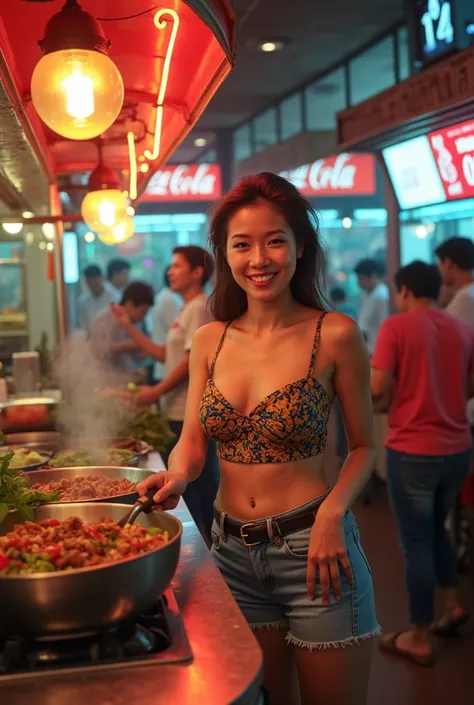 A stunning and confident Thai street food vendor inside a retro 1980s shopping mall, exuding charm and sexiness. She wears a stylish vintage outfit—a fitted crop top with high-waisted denim shorts or a colorful retro dress that hugs her curves—blending cla...