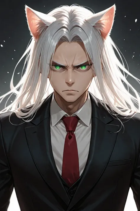 anime style, 30-year-old albino male, high, with cat ears on the top of the head, green eyes, serious expression, straight and long white hair wearing a black suit with a red tie, Like a gentleman