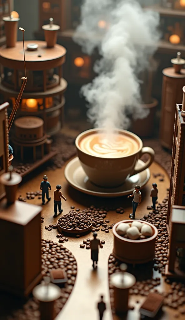 "A miniature coffee factory where tiny baristas are brewing espresso, workers carrying coffee beans in tiny carts, a giant coffee cup being filled by a crane, steam rising like factory smoke, conveyor belts transporting sugar cubes, ultra-detailed, warm li...