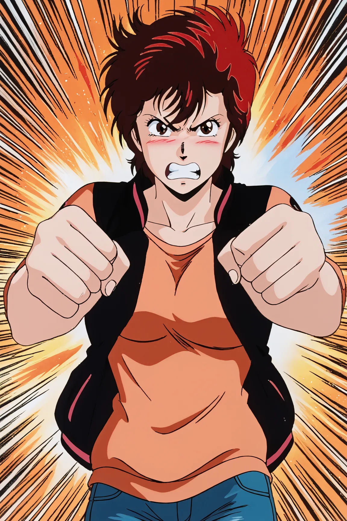 KM, 1girl, solo, retro artstyle, red hair, brown eyes, aqua high school jacket, orange shirt, jeans, looking at viewer, angry, yelling, flame background, single fist punching viewer, (emphasis lines), blush 