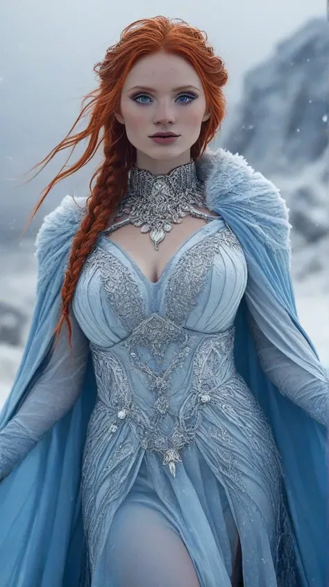 A full-body front shot of Claire, an ethereal and powerful Ice Sorceress, advancing through a frozen landscape, her piercing blue eyes glowing with an otherworldly frost. Her fiery red hair, intricately braided with delicate silver chains and ice crystals,...