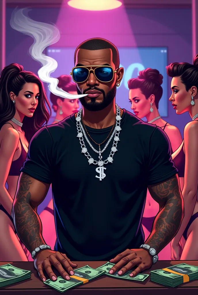 CARTOON ART, of a gangster-style boy from Balaclava inside a club with several sexy naked women doing poly dancing, Everything in this image has to be in a cartoon. The guy must be smoking a lot of marijuana and counting money a lot of money, The guy has t...