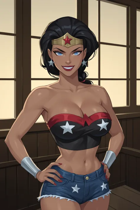 PonyXLV6_Scores BREAK ((parody), perfect anatomy, perfect eyes, cowboy shot), BREAK diana prince,  french-braided low ponytail, black hair, blue eyes, scarlet red lipstick, dark-skinned female,  ((looking at viewer)), cleavage, black tube top, black jean s...