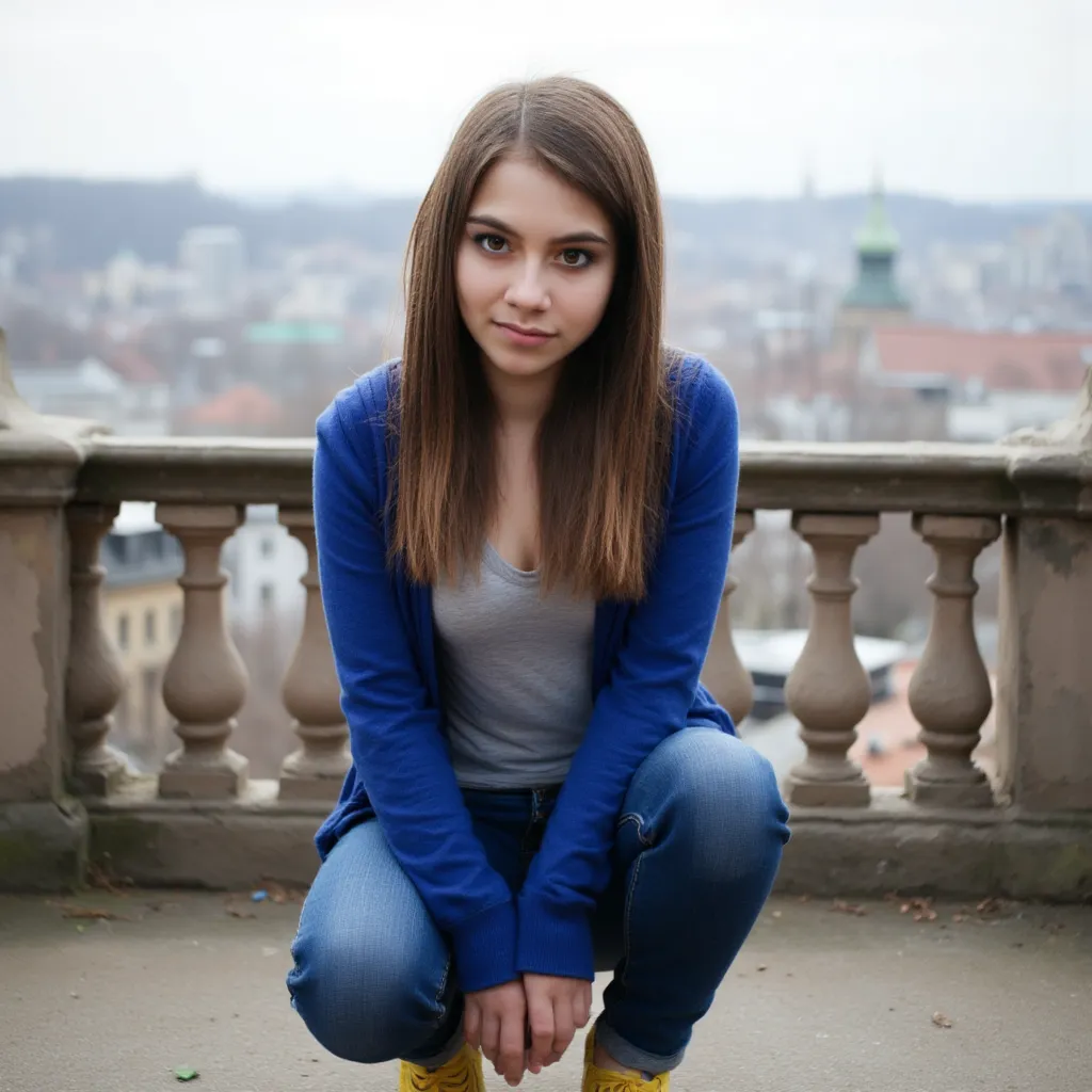 Woman is on the balcony. Has a blue sweater on and jeans. The shoes are yellow. Woman is squatting.  style photorealistic ,  sharp focus, very detailed, full body detail