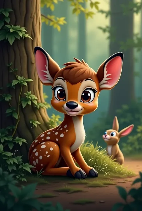 "A small, frightened fawn named Timmy, sitting near a bush with a small wound on his leg. His big, tear-filled eyes show fear and sadness. The forest around him looks a little darker, with rustling leaves, as if danger might be nearby. Bunny is peeking thr...