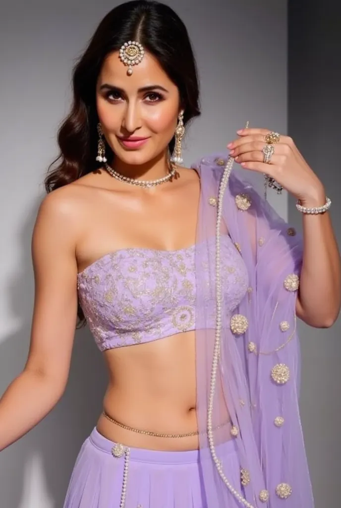 (masterpiece, best quality:1.2), She is draped in a ultra low waist pastel purple colour lehenga with delicate gold embroidery, giving her an ethereal, moonlit glow. Her champagne sheer veil barely grazes her bare stomach, fully exposing her deep navel and...