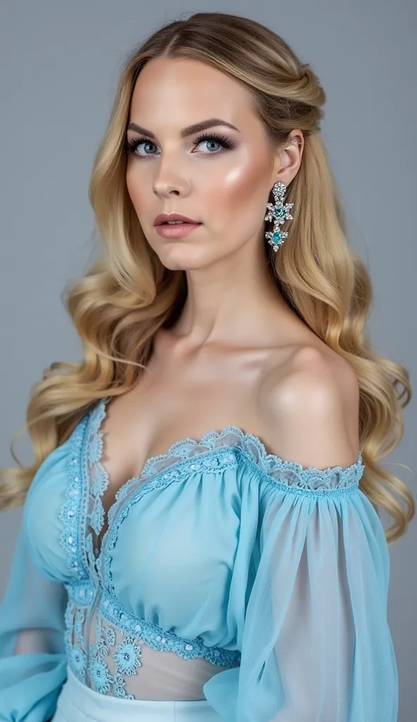 stunning and enchanting blonde woman with cascading curls stands against a soft light gray backdrop, exuding timeless elegance. Her radiant face features an effortless natural makeup look—flawless porcelain skin with a subtle glow, enhanced by long, dramat...