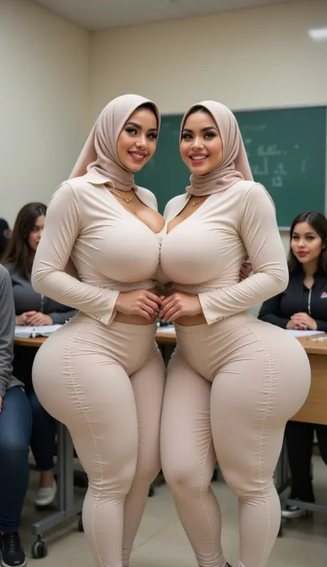 Two muslim womn   shiny  hijab, big breasts, showing long  transparent Saira (TWO (2) indonesian aunty , Wearing a cream colored pasmina hijab ,  wearing a long tight cream-colored shirt,and (( wear a long tight skirt of gray color )), 
large round buttock...