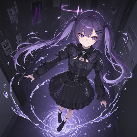 1 girl, long hair, other rooms,  purple hair, purple pupils, hair clip, Floating Water ,  particle,  tattoo, 輝くタトゥー,  Eyeliner, smile, twin tails from above
,masterpiece,Highest quality,Great Picture Quality, gothic,standing,full body, Seen from the front,...